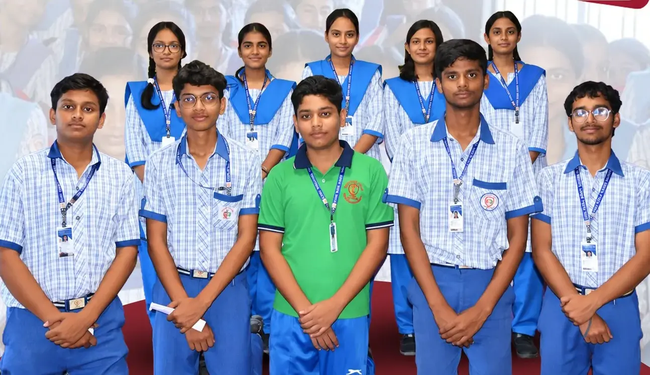 Student poets who took part in the Bal Kavi Sammelan, standing together on stage