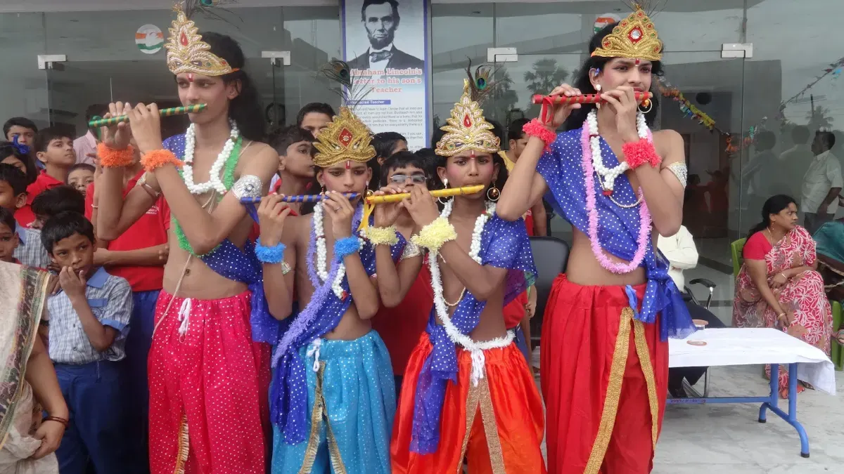 Young students dressed as Krishna for the Janmashtami celebration